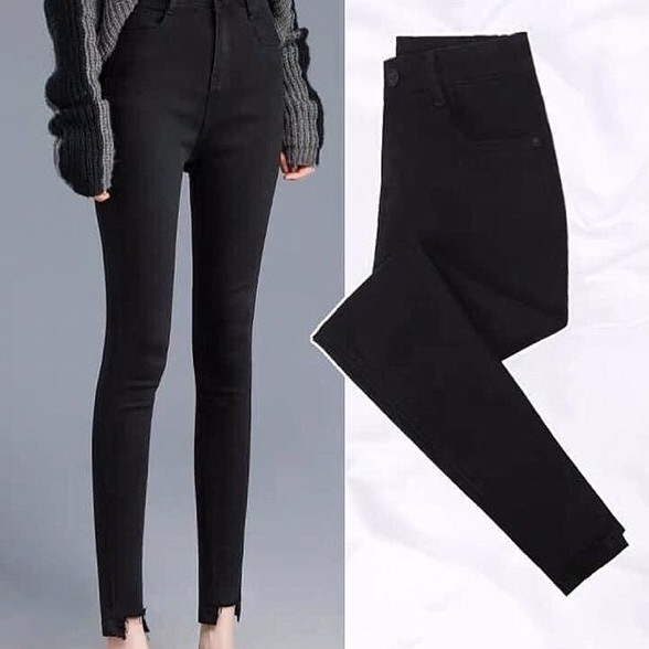 [Size 32-36] Quần Jeans ĐEN LƯNG THUN- Lưng Cao Qua Rốn - Lai Cắt U Vuông - Ôm Eo Tôn Dáng - Đen Tuyền