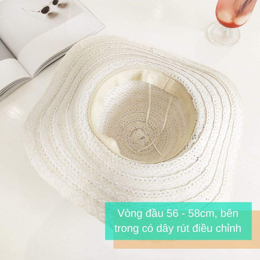 Mũ ren rộng vành thắt dây da sang chảnh