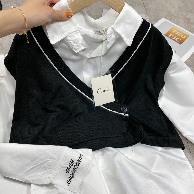 Set áo sơ mi + gile len hot hit Vải sơ mi thô mềm đẹp, chữ thêu nét Gile len tăm quảng châu viền mí nổi