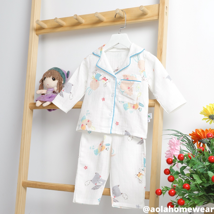 Pijama bé trai bé gái dài tay vải xô Áo Lá Homewear A003, đồ ngủ trẻ em size đại cotton nằm điều hòa bốn mùa