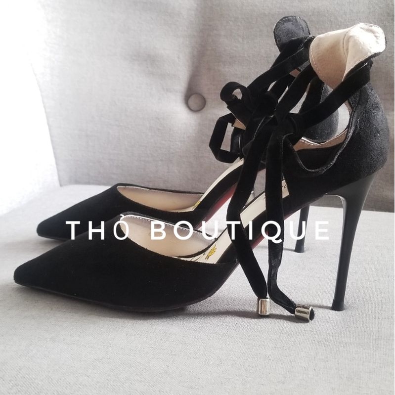 Giày cao gót chính hãng XYFF da lộn đen dây thắt chéo cổ chân 10cm size 36-37