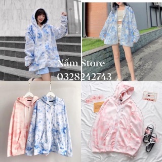 Áo khoác hoodie loang 2 màu xanh, hồng