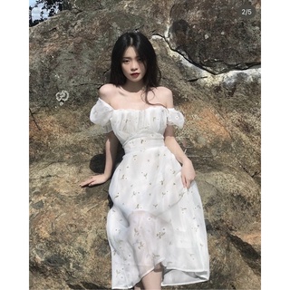 Đầm hoa xoè tay phồng cột nơ sau lưng