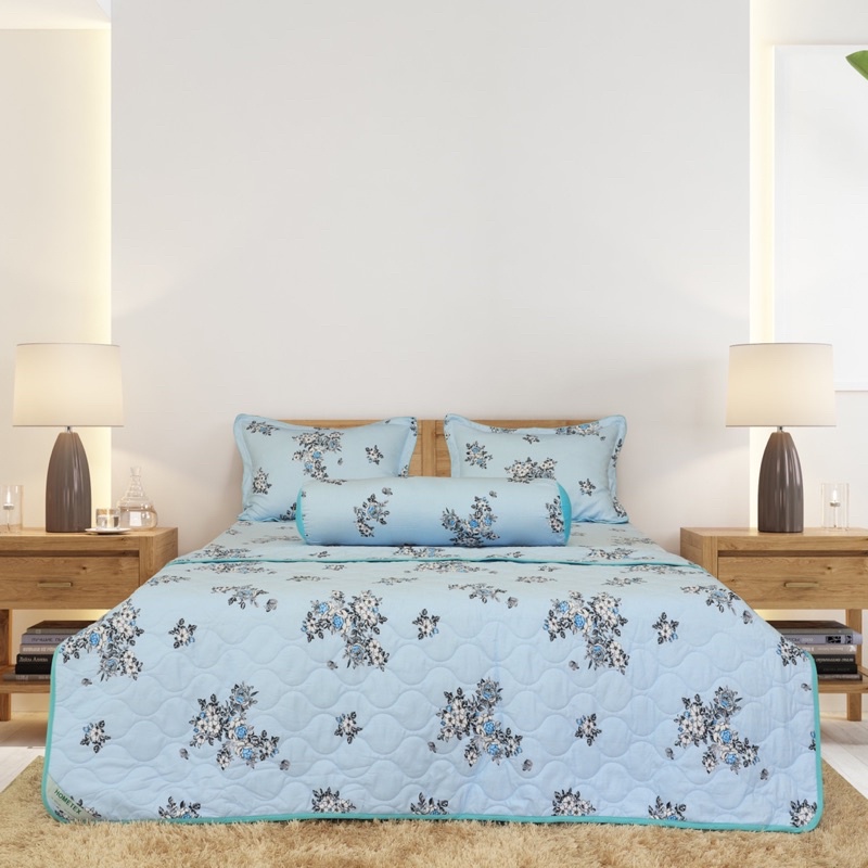 Bộ chăn drap gối cotton hoa sọc ngang