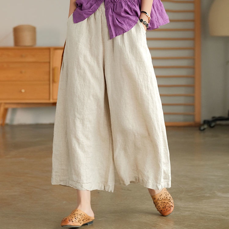 Quần Vải Lanh cotton Ống Rộng Cỡ Lớn Thoáng Khí Thời Trang Xuân Hè 2022 Mới