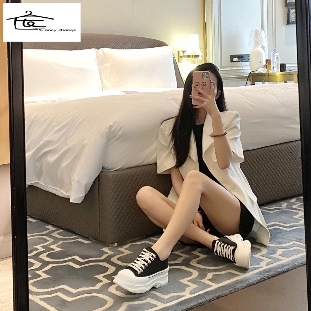 Giày vải bạt đế dày tăng chiều cao màu trắng phong cách hè thu McQueen-2022