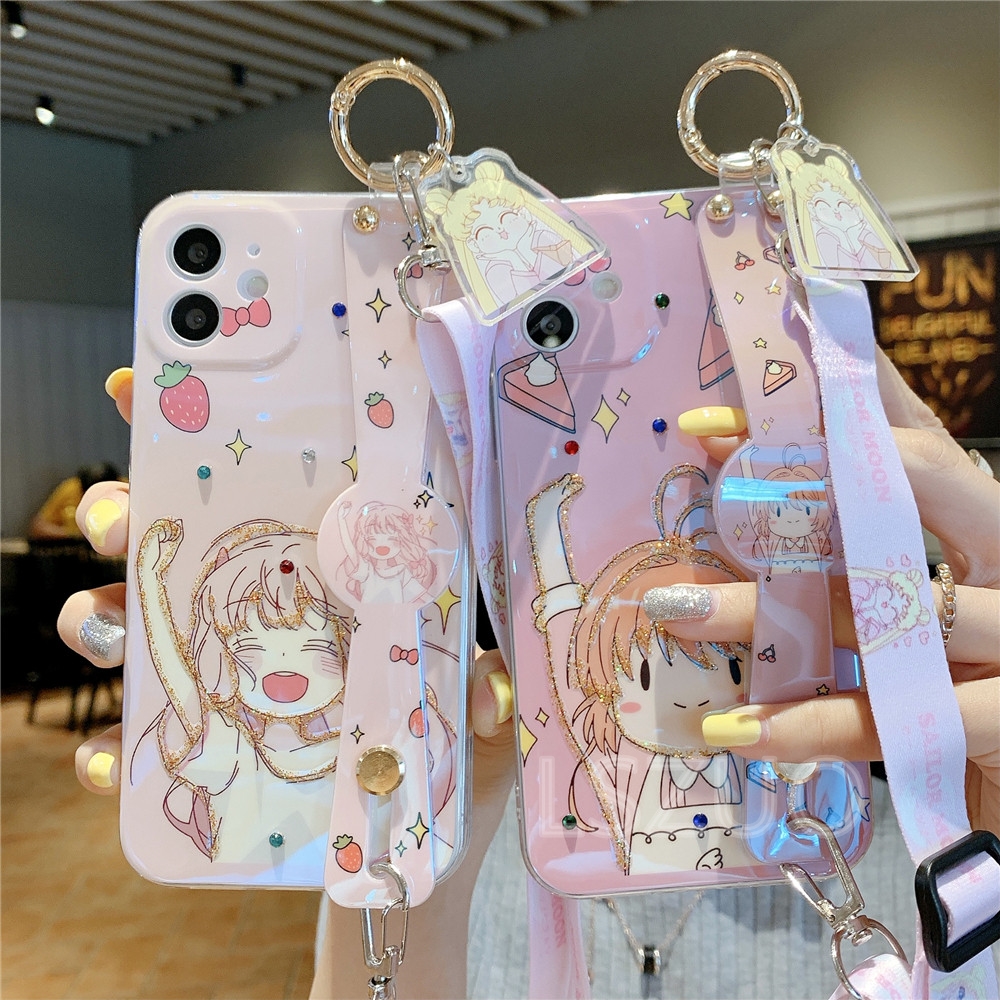 Ốp Lưng Họa Tiết Hoạt Hình Có Dây Đeo Đính Đá Thời Trang Cho Iphone 12 Mini 12 Pro Max 11 Pro Max X Xs Xr Xsmax 8 7 6 6s Plus Se 2020