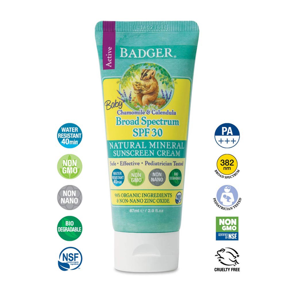 Kem chống nắng vật lý cho bé BADGER Baby SPF 30 40 sunscreen dưỡng ẩm da cho trẻ em sơ sinh 6 tháng đến 1 2 tuổi 87mL