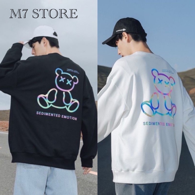 Áo sweater nỉ nam nữ Gấu phản quang dáng unisex form rộng chất nỉ ngoại dày dặn thu đông basic trắng đen