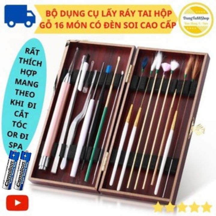 Dụng cụ lấy ráy tai, nhíp lấy ráy tay, bộ lấy ráy tai hộp gỗ tích hợp đèn[tặng 1cặp pin]