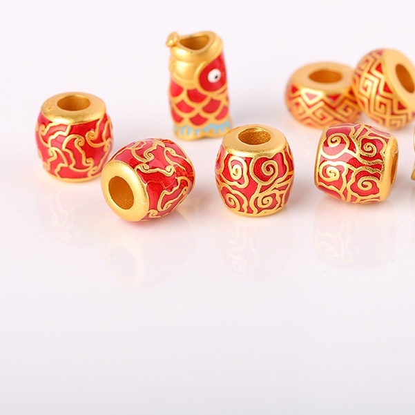 [Hàng Có Sẵn] Vòng Tay Dây Da Bện Lụa Màu Đỏ Tách Cá Lỗ To Method Cổ Điển diy