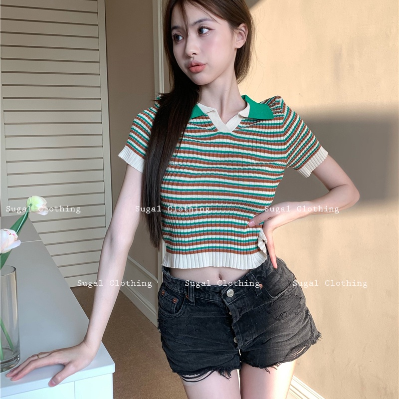 Áo Croptop Len Mongtoghi Kẻ Cổ Bẻ Cộc Tay Co Giãn Thời Trang Sugal TOP NU 049V1
