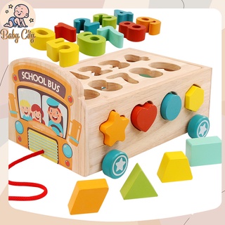 Đồ chơi xe bus kéo thả hình và số bằng gỗ cho bé