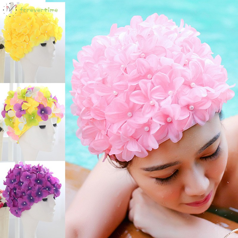 #mũ# Women 3D Petal Swim Hat Bath Cap Ladies Swimming Pool Flower Hats