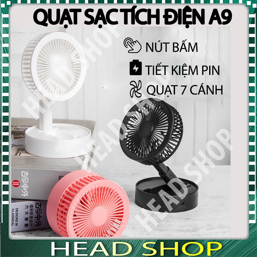 Quạt sạc tích điện mini 7 cánh, PIN TRẦU, có thể gấp gọn mã A9 mini cầm tay để bàn siêu mát HEADSHOP