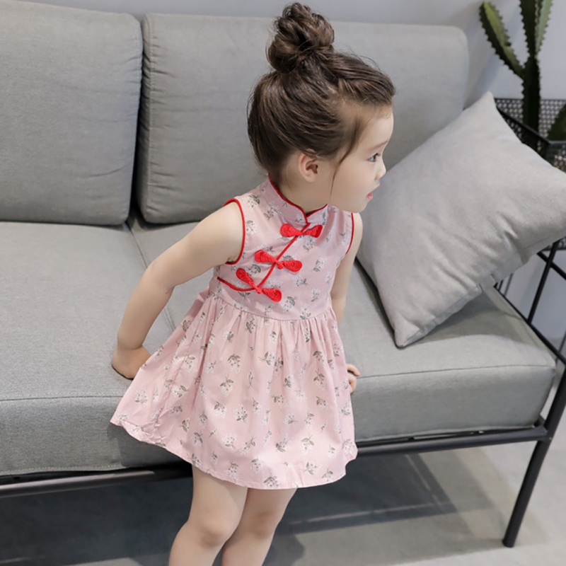 Đầm Sườn Xám Không Tay In Hoa Dễ Thương Dành Cho Bé Gái