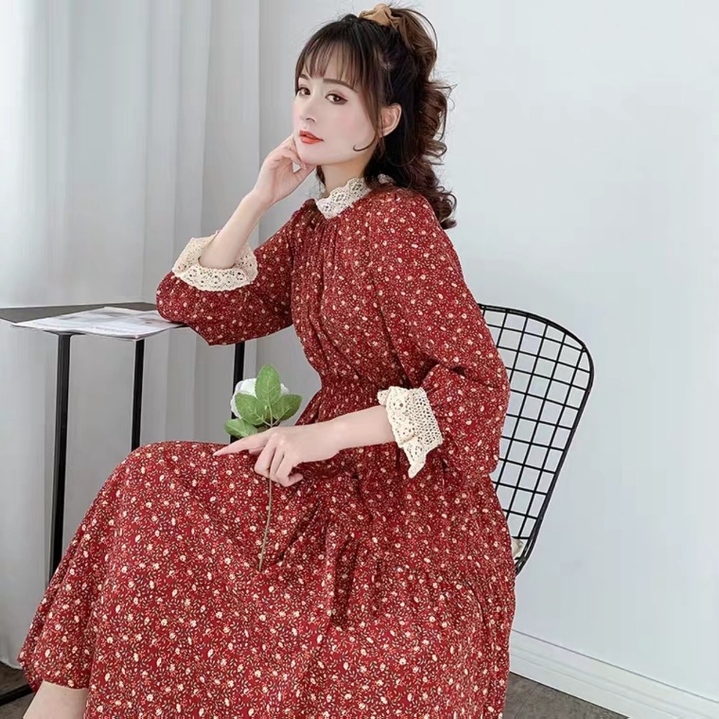 Váy bầu hoa nhí cổ ren có dây đai thời trang thiết kế MB151 Mom and baby