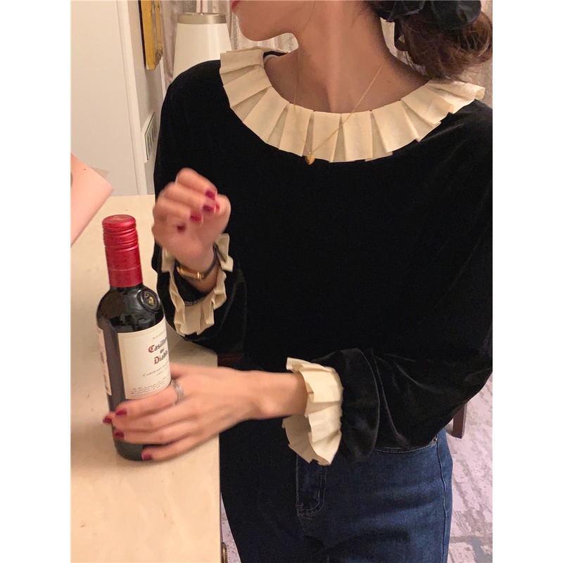 Áo sơ mi peppermint 48427 tay dài chất liệu nhung mềm mại phong cách ngọt ngào cho nữ