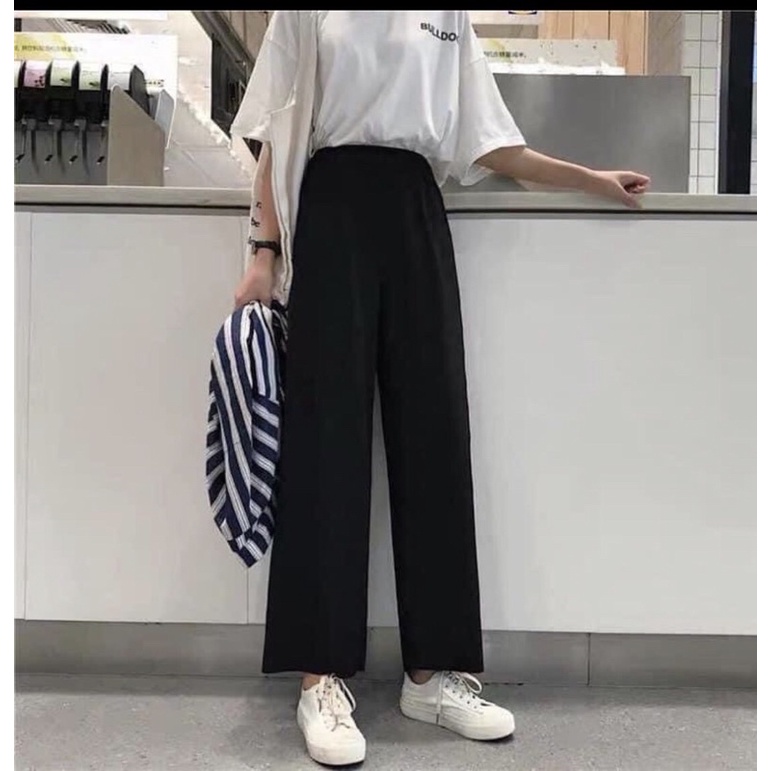 Quần Ống Suông Cạp Chun, Quần Ống Rộng Nữ Màu Đen Ulzzang