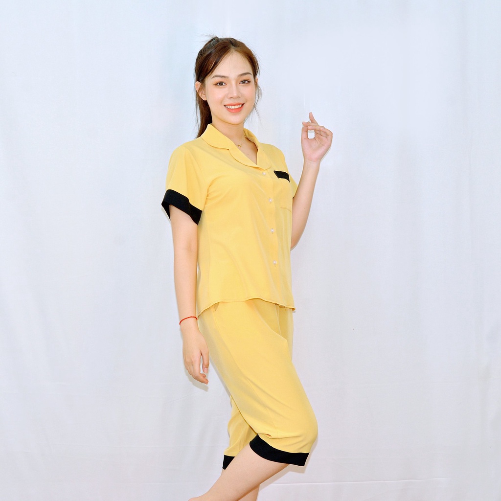 Bộ đồ bộ VÀNG PHA ĐEN tay ngắn quần lửng vải lụa cao cấp - Thoải Mái- Nhẹ Nhàng -Co giãn nhẹ