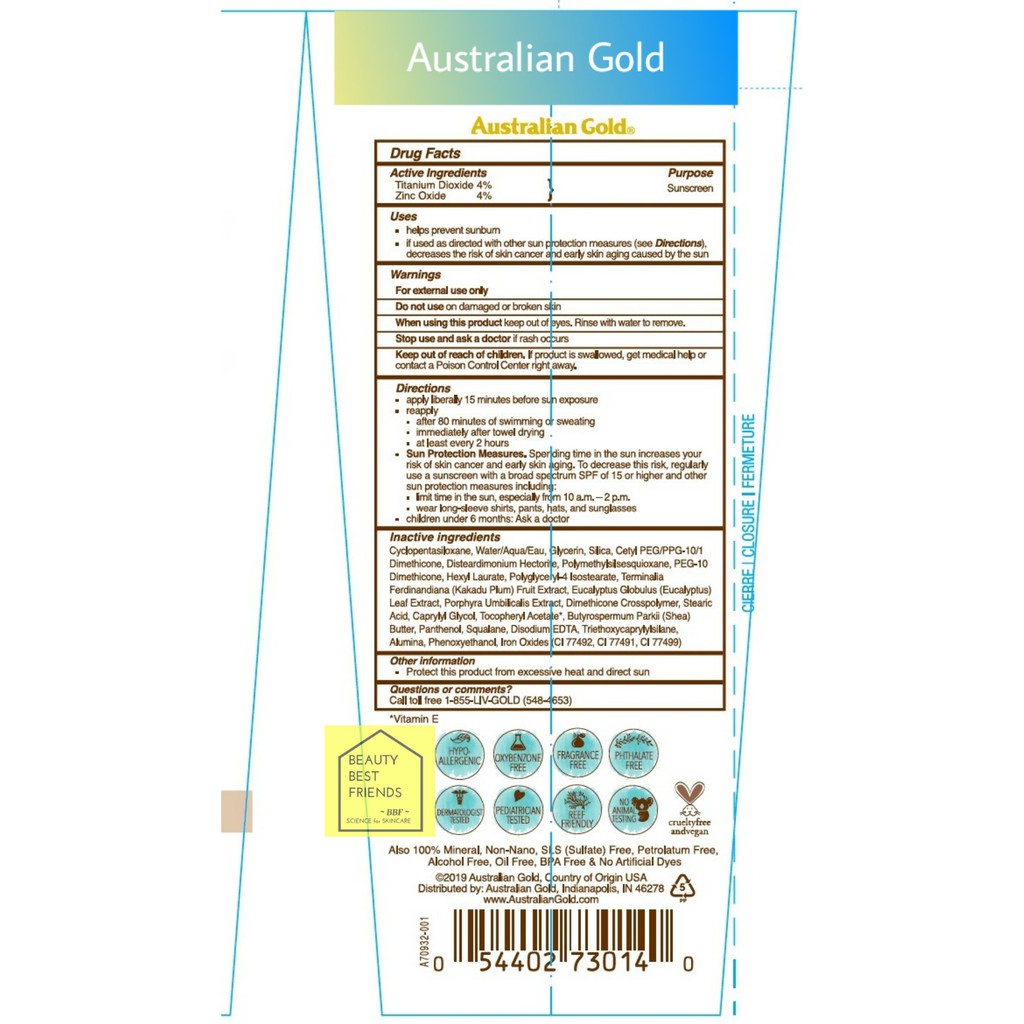 Kem chống nắng vật lý Australian Gold Botanical SPF50 Sunscreen Tinted Face BB Cream  89 ml