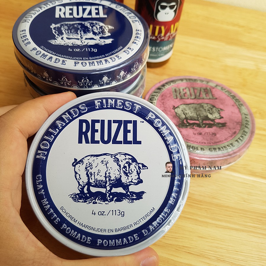 Sáp vuốt tóc Reuzel Clay Matte Pomade, Pomade Reuzel Clay Matte chính hãng Hà Lan, Pomade heo trắng xanh 113g