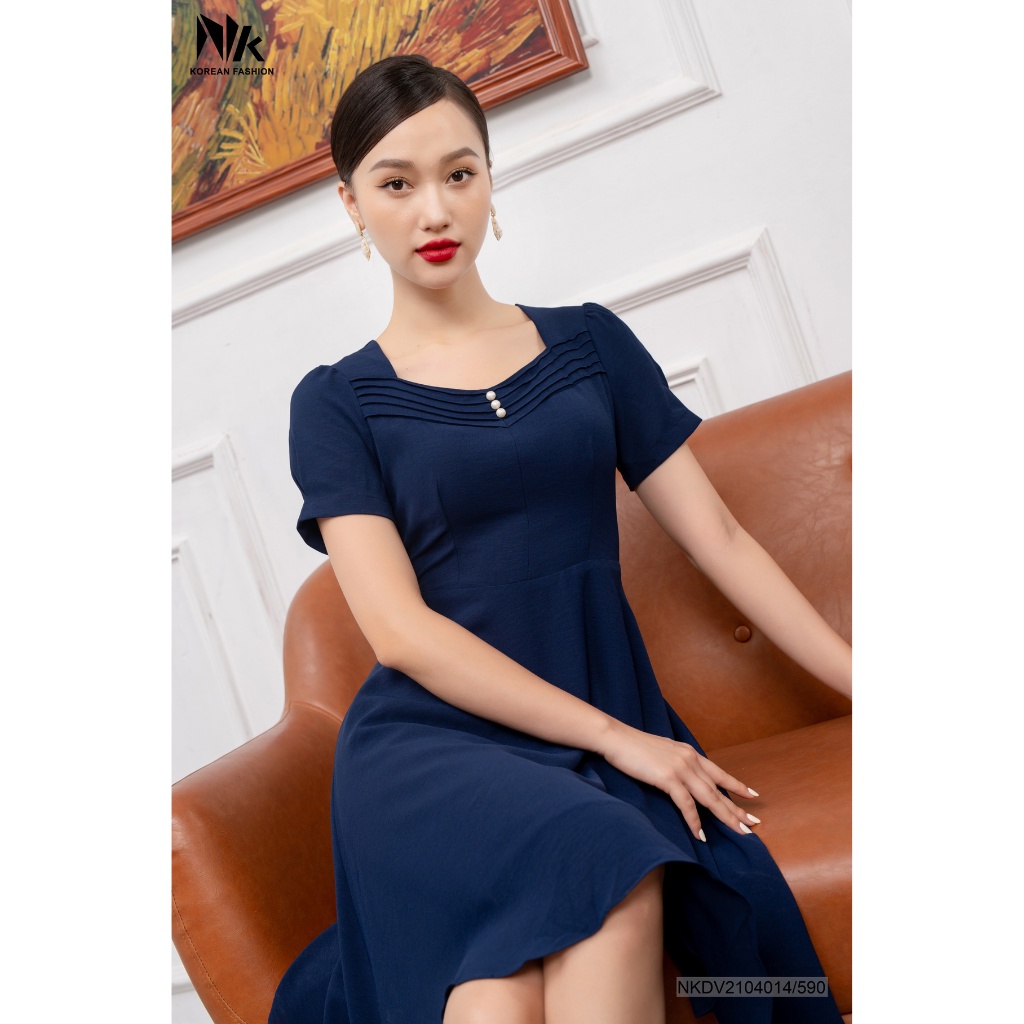 Váy Công Sở Dáng Xòe NK Fashion Thiết Kế Cổ Váy Đính Ngọc, Kiểu Dáng Basic Hiện Đại NKDV2104014