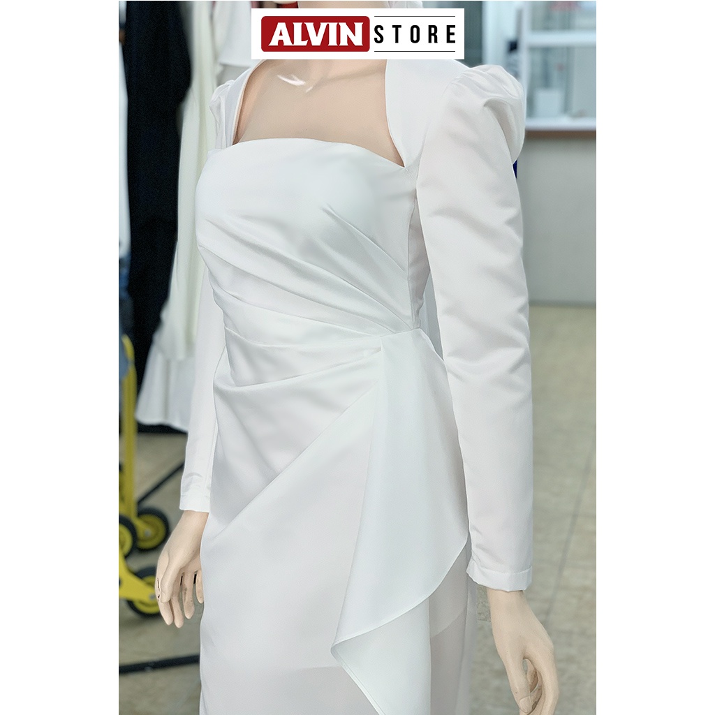 Đầm Dạ Hội Cúp Ngực Tay Dài Nhún Eo Xẻ Đùi Hợp Đi Tiệc Alvin Store 0989