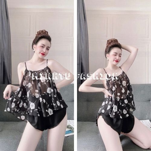 Đồ Ngủ Sexy, Đồ Bộ Mặc Nhà Nữ Áo 2 Dây Voan Hoa Phối Quần Đùi Satin Màu Hàng Đẹp Phong Cách Gợi Cảm, Quyến Rủ Cho Bạn Nữ | BigBuy360 - bigbuy360.vn