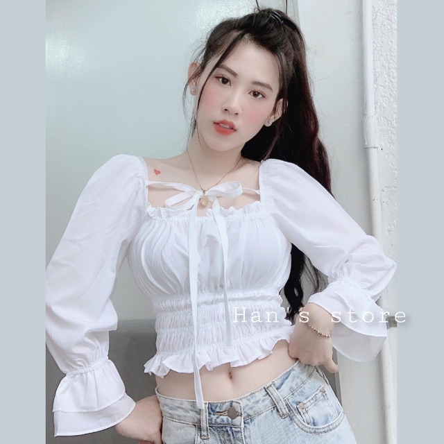 CROPTOP TRẮNG BO EO THẮT DÂY NƠ
