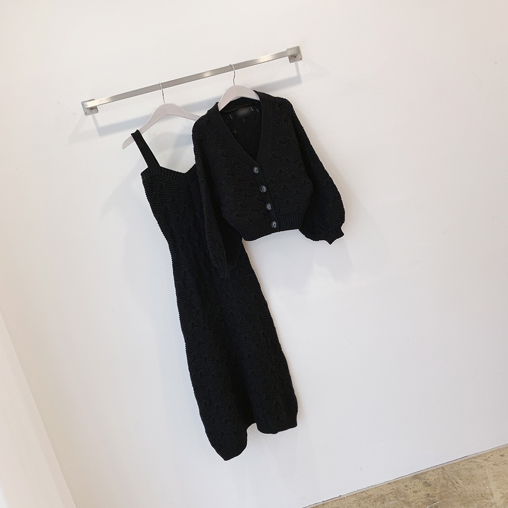 Set Áo Khoác Cardigan Dệt Kim Tay Phồng + Đầm Sweater Phong Cách Hàn Quốc | BigBuy360 - bigbuy360.vn