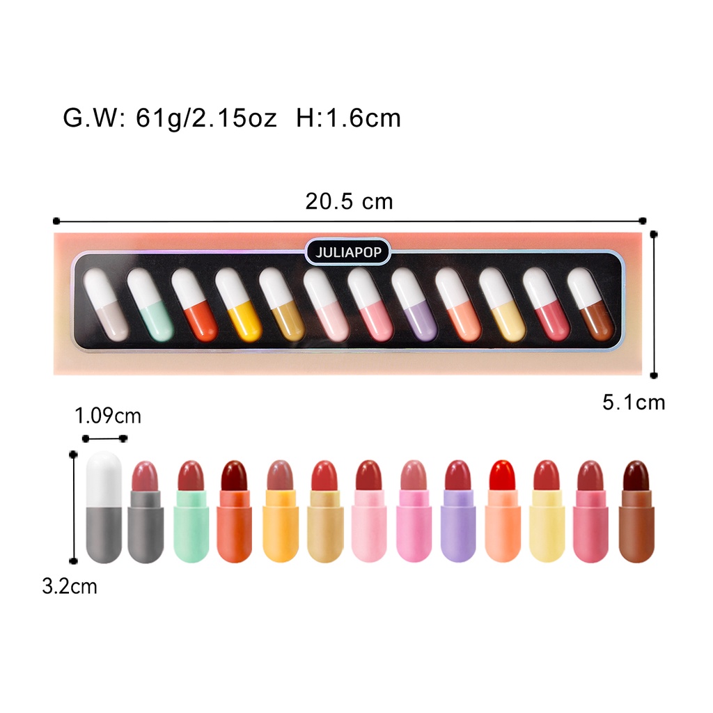 Set 12 son môi Mini lâu trôi thiết kế hình viên thuốc dễ thương