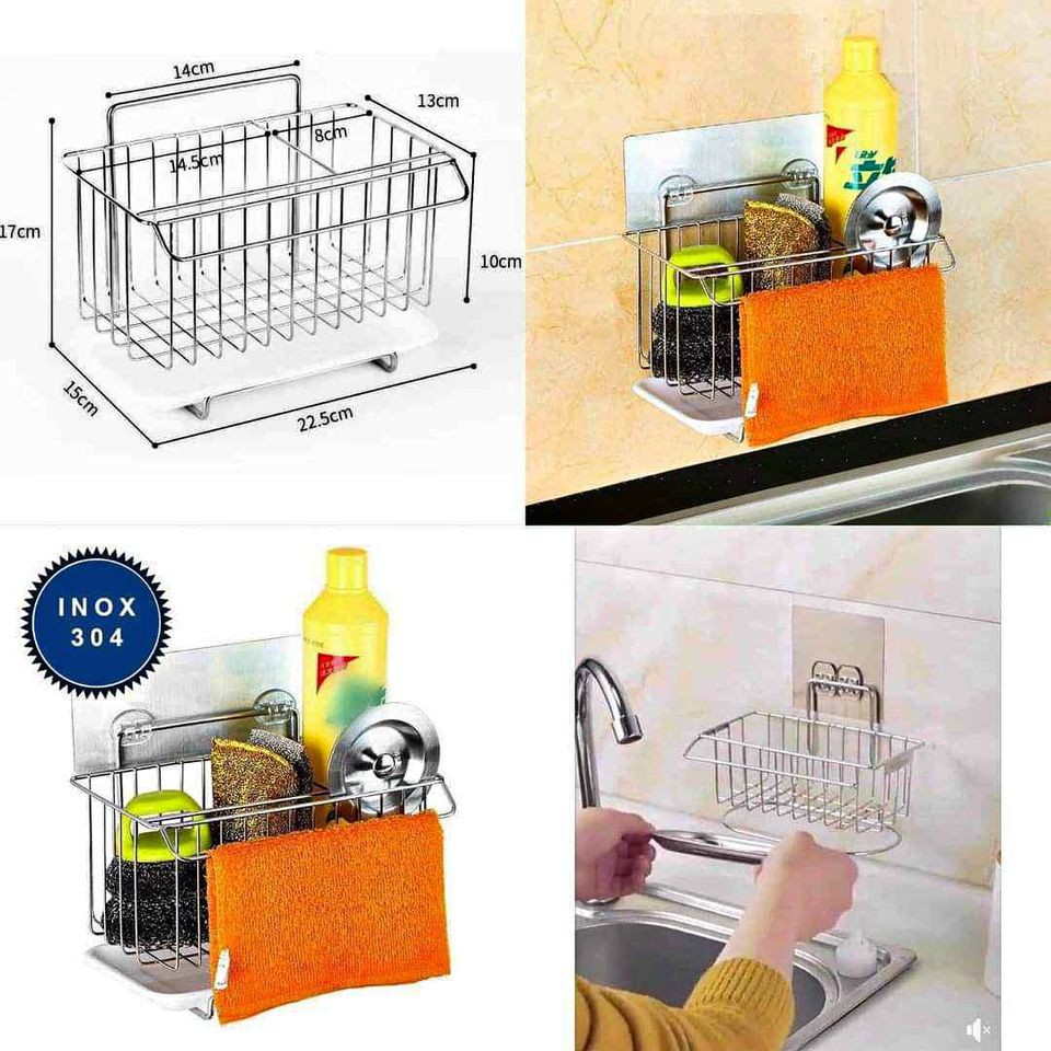 Giá để giẻ rửa bát inox 304 có khay hứng - Kệ dán tường inox để đồ rửa chén bát