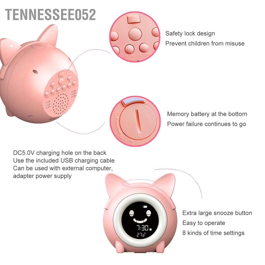Tennessee052 Đồng hồ báo thức mini mèo hoạt hình Chức năng lại sáng tạo Biểu hiện vui nhộn cho trẻ em có đèn ngủ