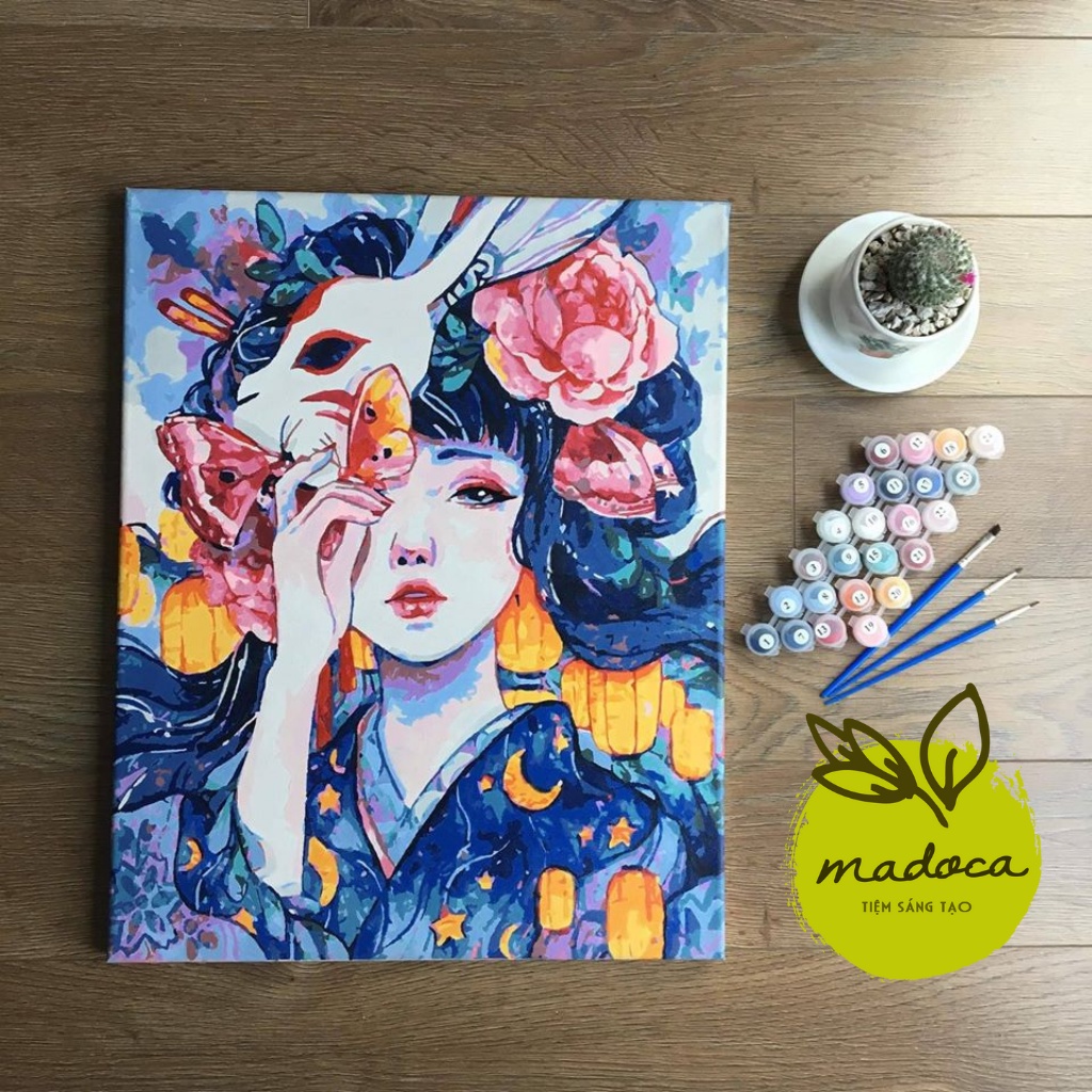 Tranh tô màu số hóa Madoca có khung 40x50cm Mặt nạ hoa T353