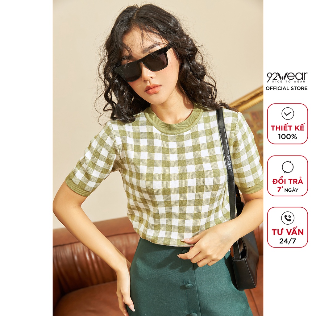 Áo len nữ ngắn tay cổ tròn 92WEAR, phong cách Hàn Quốc trẻ trung, họa tiết caro cá tính  ALA0056 | BigBuy360 - bigbuy360.vn
