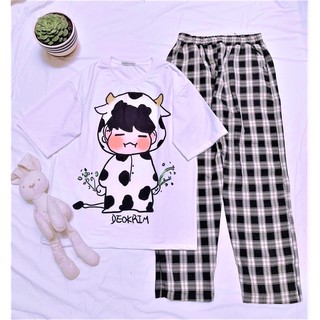 Sét Bộ Áo In Bò Sữa Quần Kẻ Đen Mặc Mùa Hè, Mặc Ở Nhà, Áo Phông Cotton Mát Mịn Phong Cách Hàn Quốc