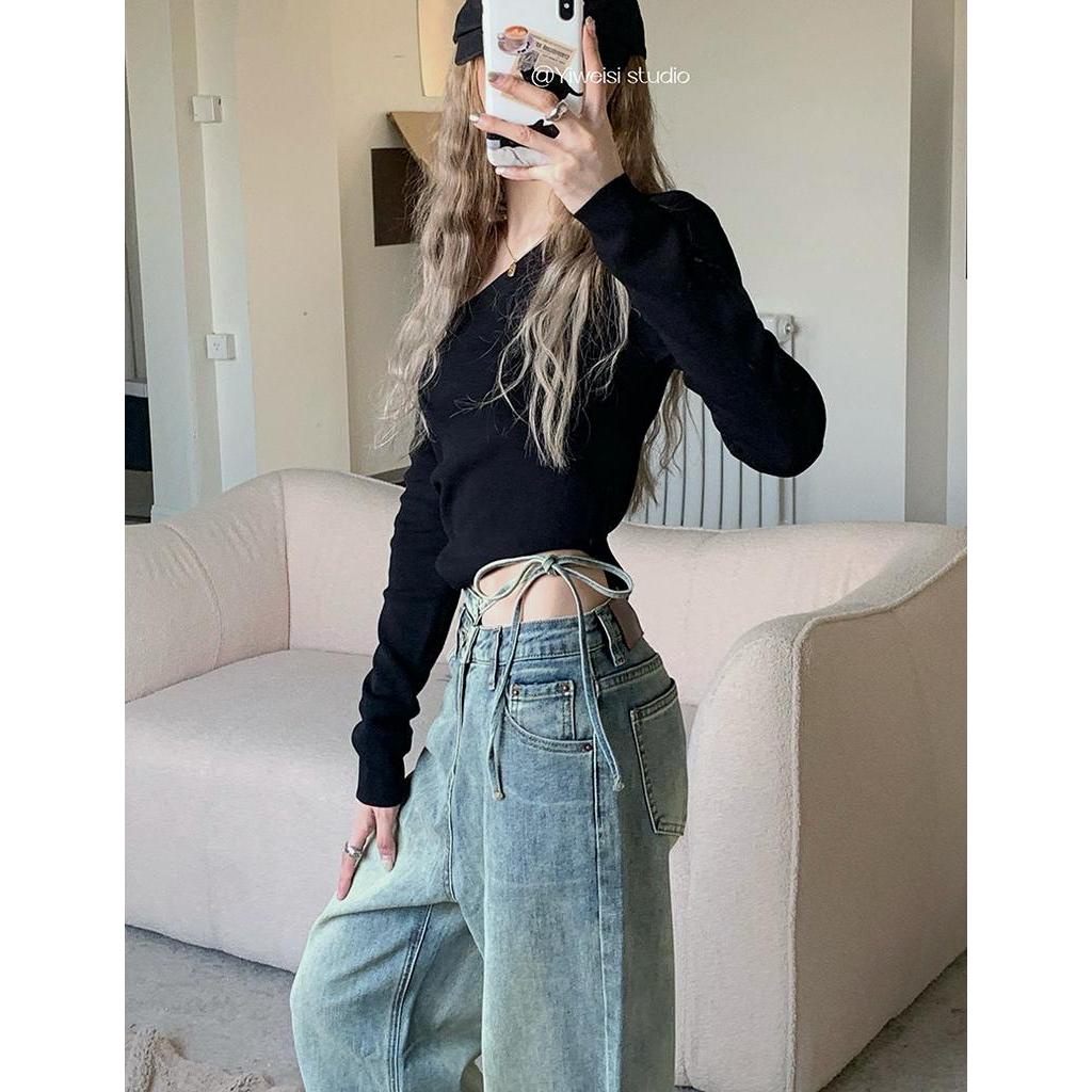 Quần Denim Thắt Dây Ống Rộng Hoài Niệm Thời Trang Xuân Hè 63377