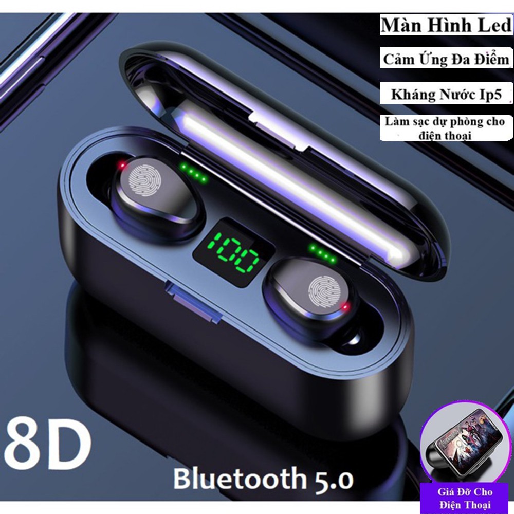Tai Nghe Bluetooth True Wireless AMOI F9 5.0 Cảm Ứng Vân Tay, Nâng Cấp Dock Sạc có Led Báo Pin Kép