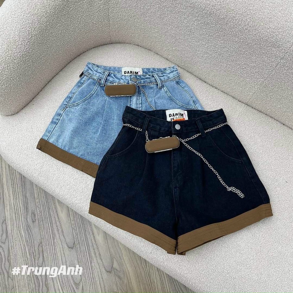 Quần đùi jean nữ denim hot ống xoè viền màu ko kèm nịt nhe