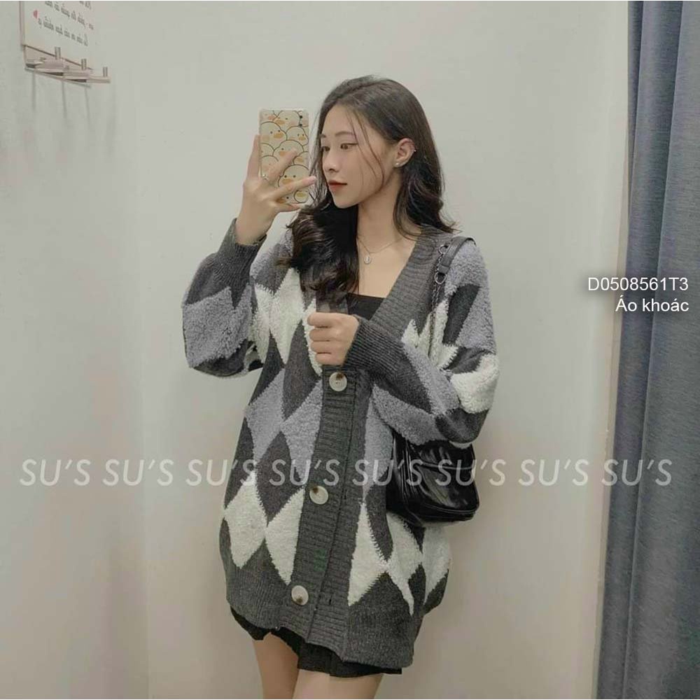 Áo khoác len cardigan phối họa tiết trám gài nút form rộng tay dài hàng QC!
