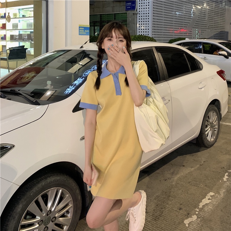 【ZHELIHANGFEI】Đầm Thun Đen Dệt Kim Cổ Bẻ Chiết Eo Thiết Kế Cỡ Nhỏ Thời Trang Trẻ Trung