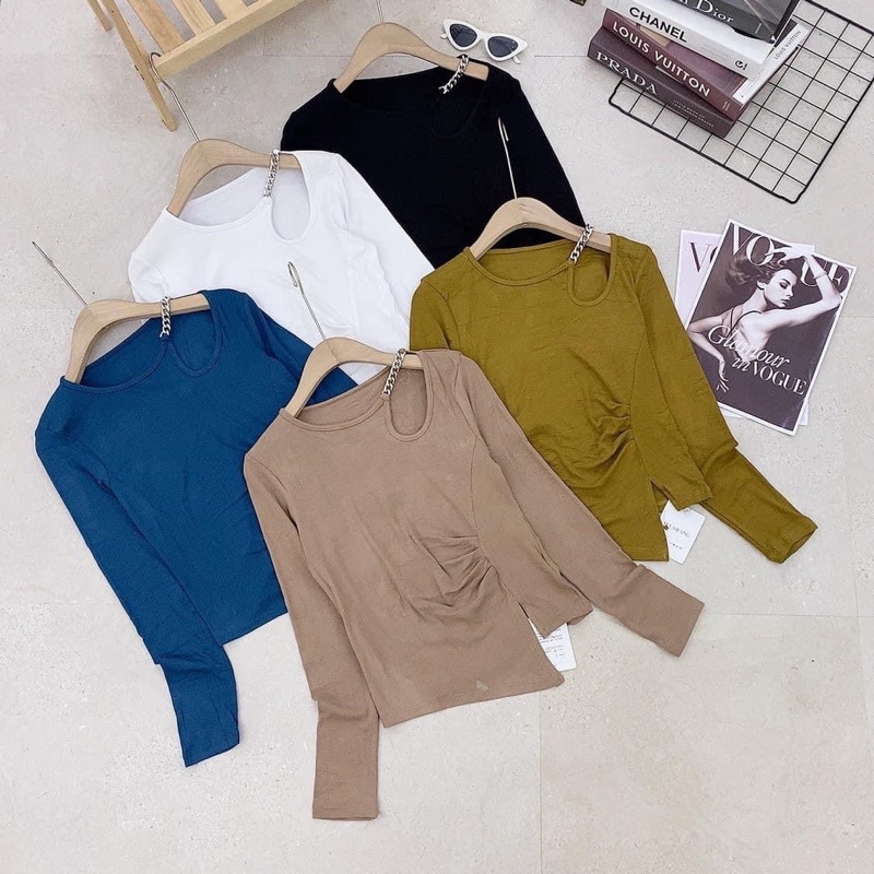 [ CÓ ẢNH THẬT + VIDEO TỰ QUAY ] Áo Tay Dài Khoét Vai Cổ Xích Nhún Eo Hot Hit 3 Màu Cực Xinh | BigBuy360 - bigbuy360.vn