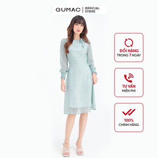 Đầm xòe nữ nơ cổ tay dài GUMAC họa tiết hoa nhí màu xanh DB692