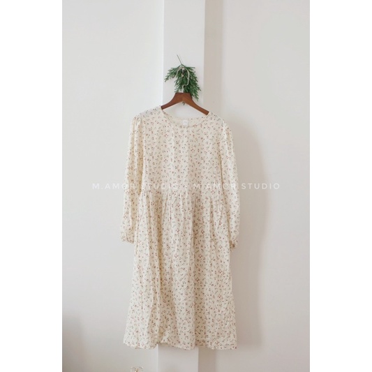 Đầm babydoll tay dài vải xô hoa nhí