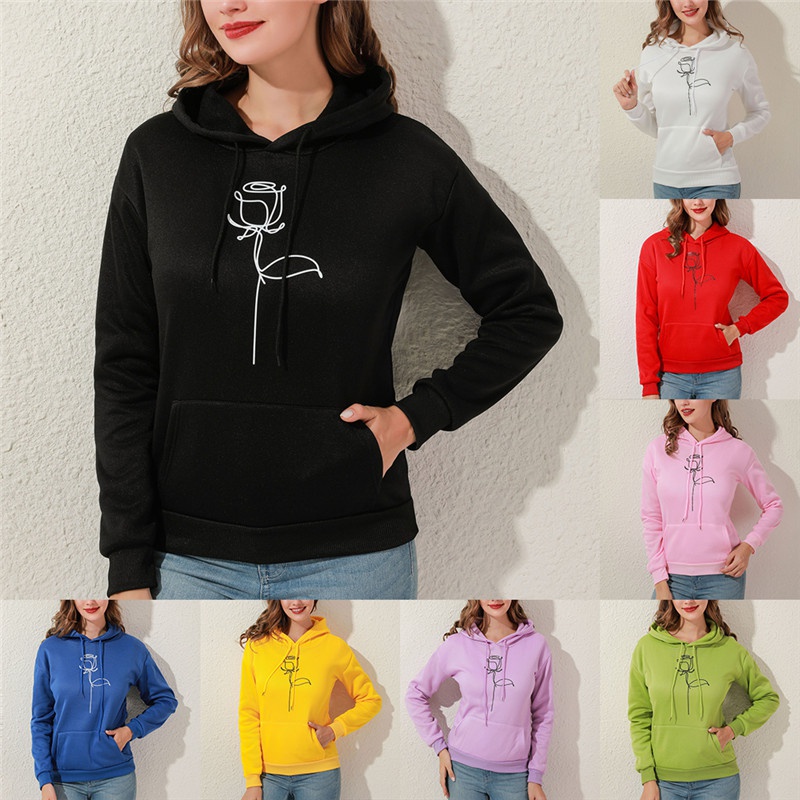 Áo Hoodies Tay Dài Hoạ Tiết Hoa Hồng Cho Nữ Size S-3Xl