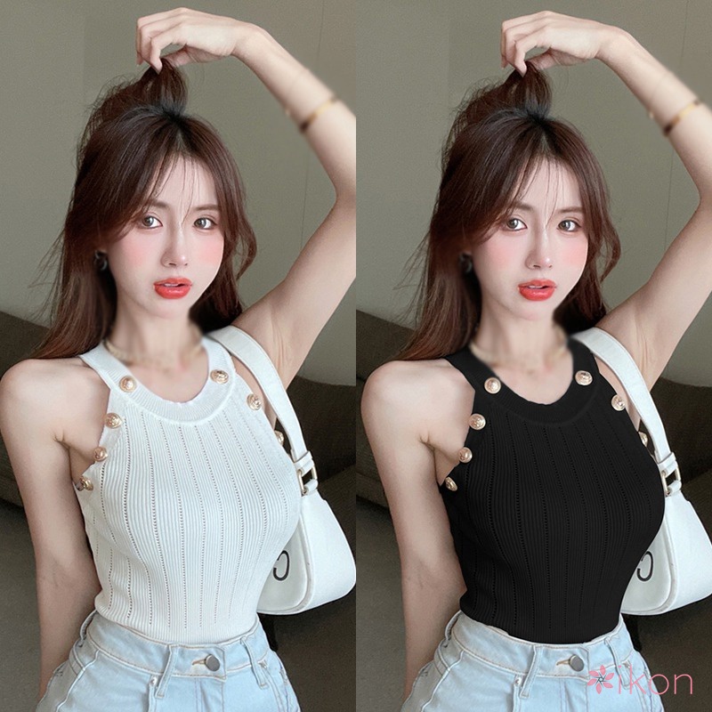 Áo Hai Dây Dệt Kim Màu Sắc Đơn Giản Phong Cách Retro Cho Nữ