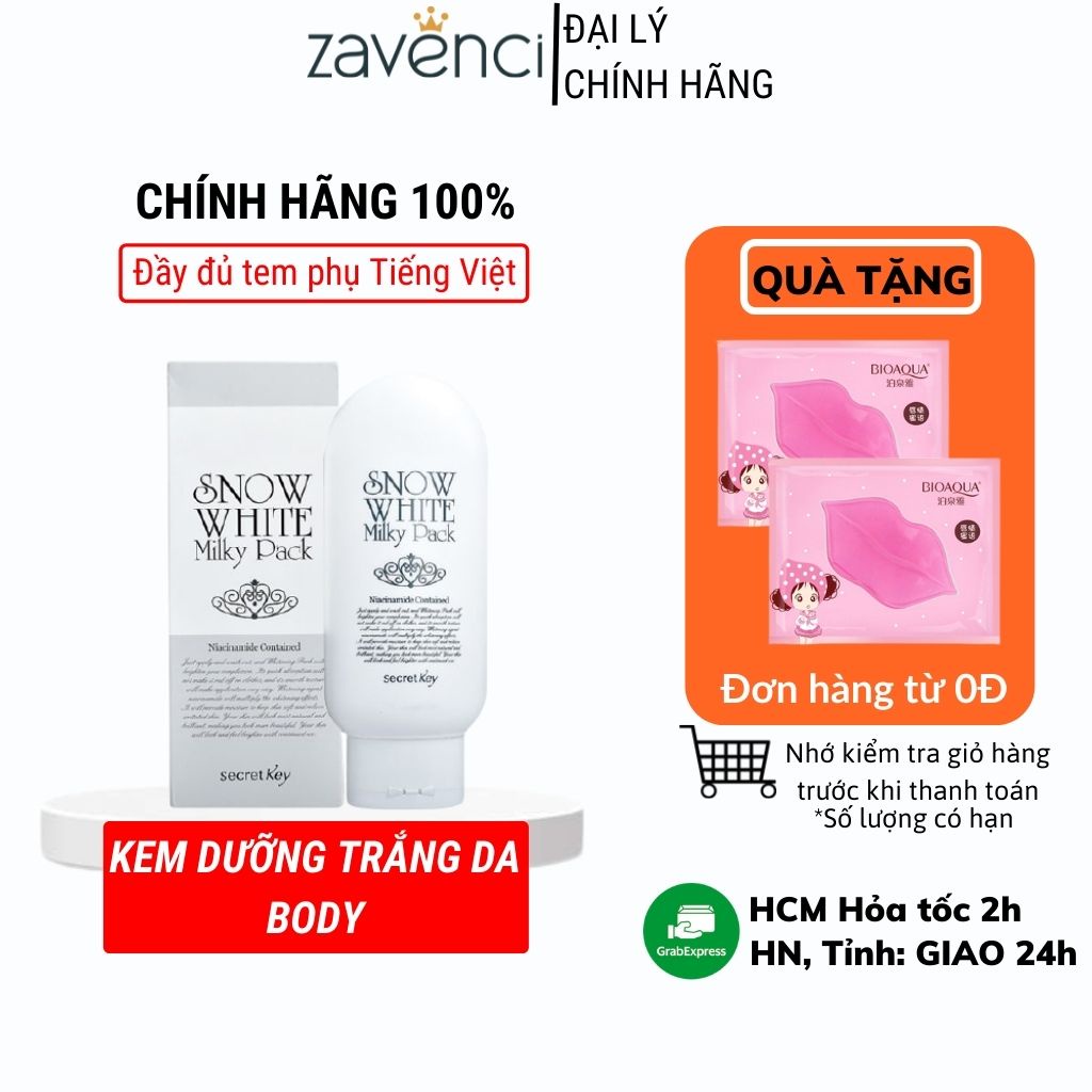 Kem dưỡng trắng da Snow White Milky Pack Secret Key body cấp tốc 200ml - ZAVENCI Official