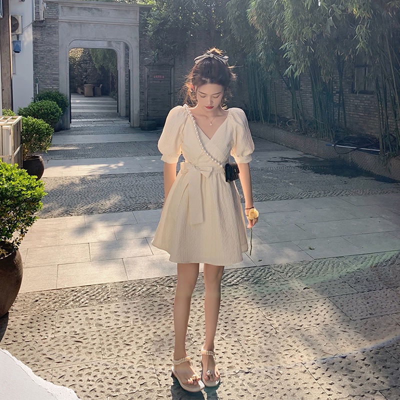 2022 Mùa Hè Mới Pháp retro Pháp Thắt Nơ Váy Phụ Nữ