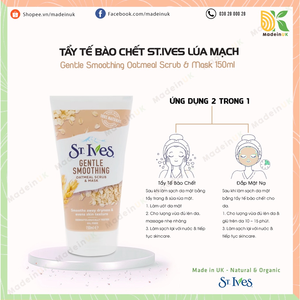 Sữa rửa mặt tẩy tế bào chết St.Ives Lúa Mạch Gentle Smoothing Scrub & Mask Oatmeal 150ml